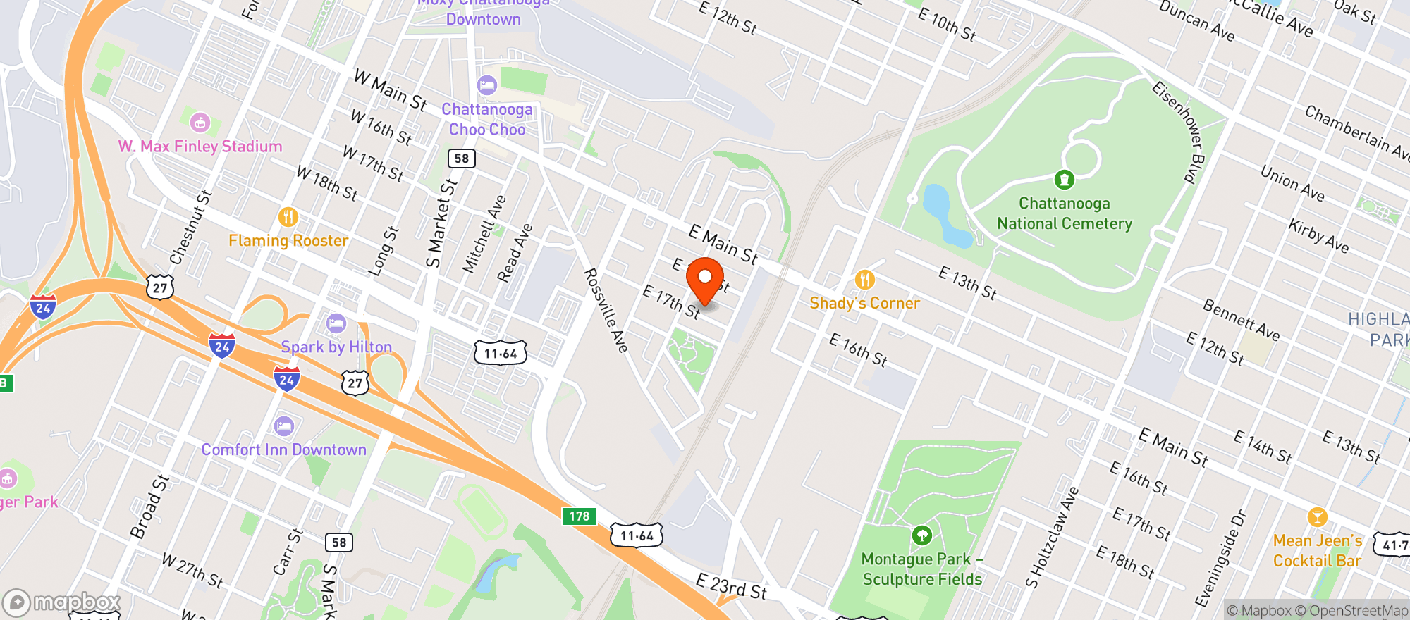 Map showing Seera Creative Inc: Flikr Fire - Chattanooga - 17Th Street