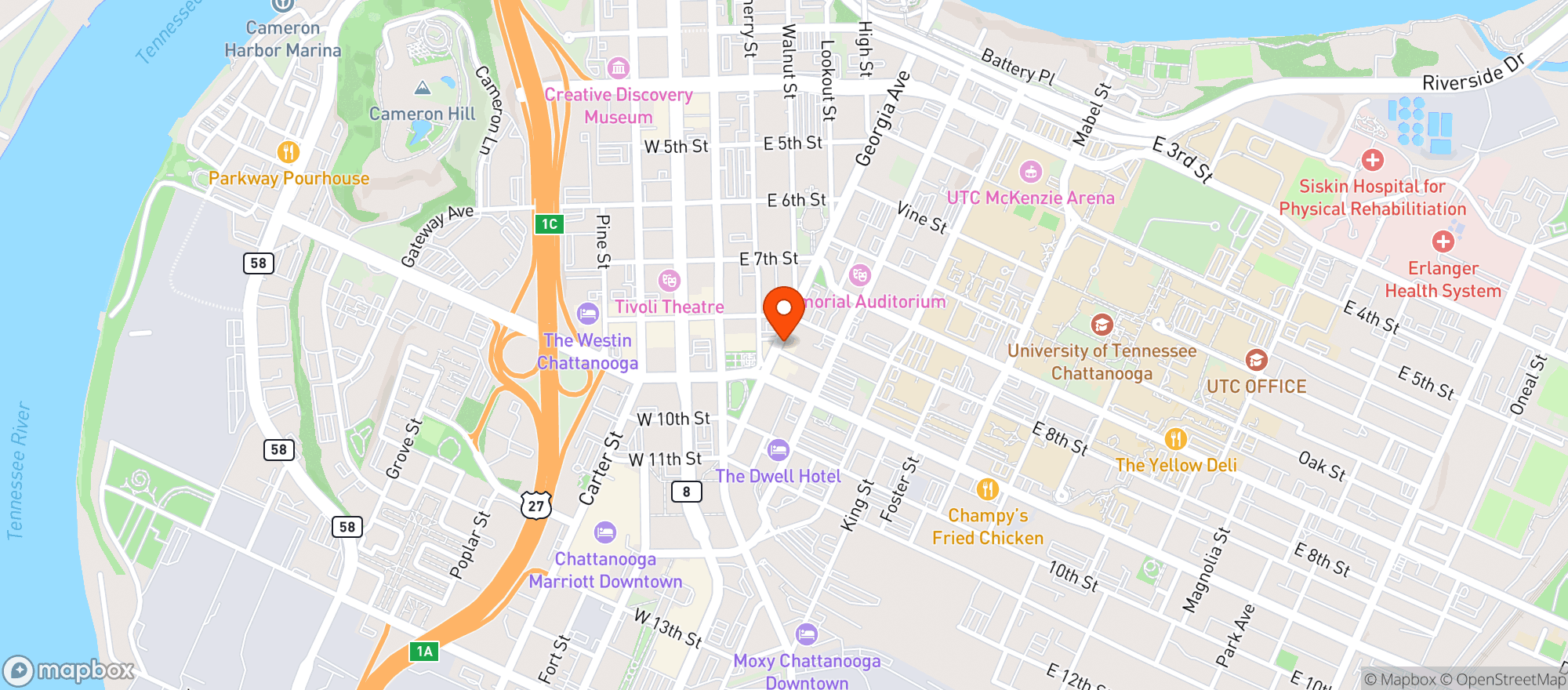 Map showing Jack Brown's Beer & Burger Joint Chattanooga
