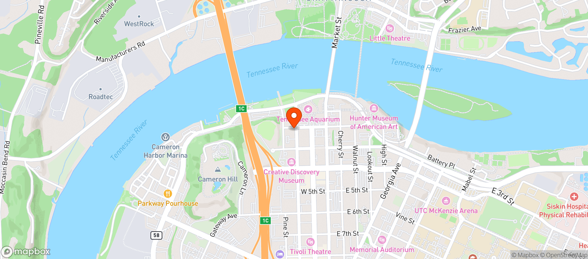 Map showing Tennessee Aquarium
