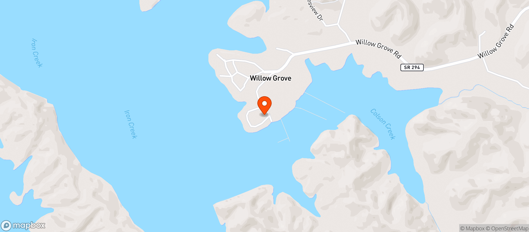 Map showing Willow Grove Resort & Marina