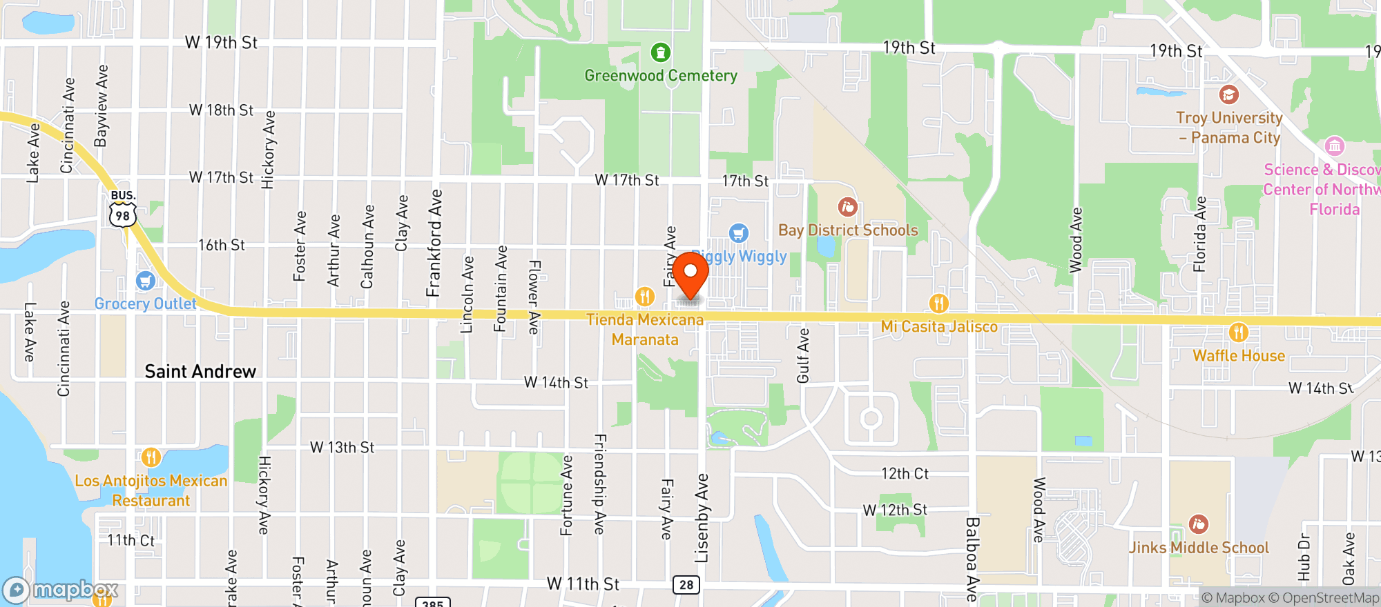 Map showing CIRCLE K (PANAMA CITY - 1400 W 15TH ST)