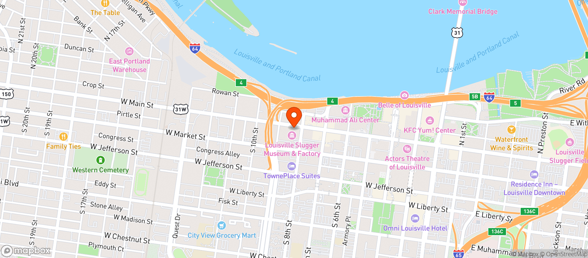 Map showing Louisville Slugger Museum & Factory