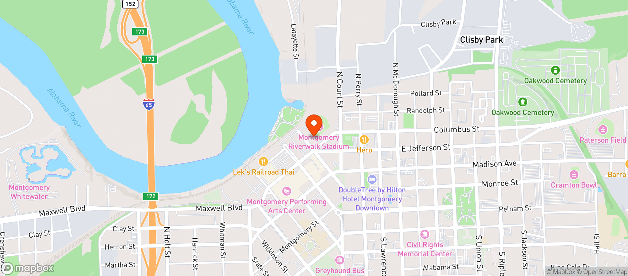 Map showing Montgomery Riverwalk Stadium
