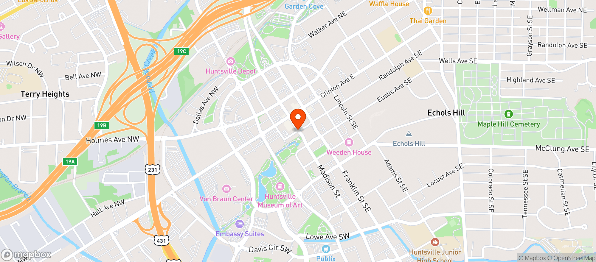 Map showing Back Forty Beer Company Huntsville