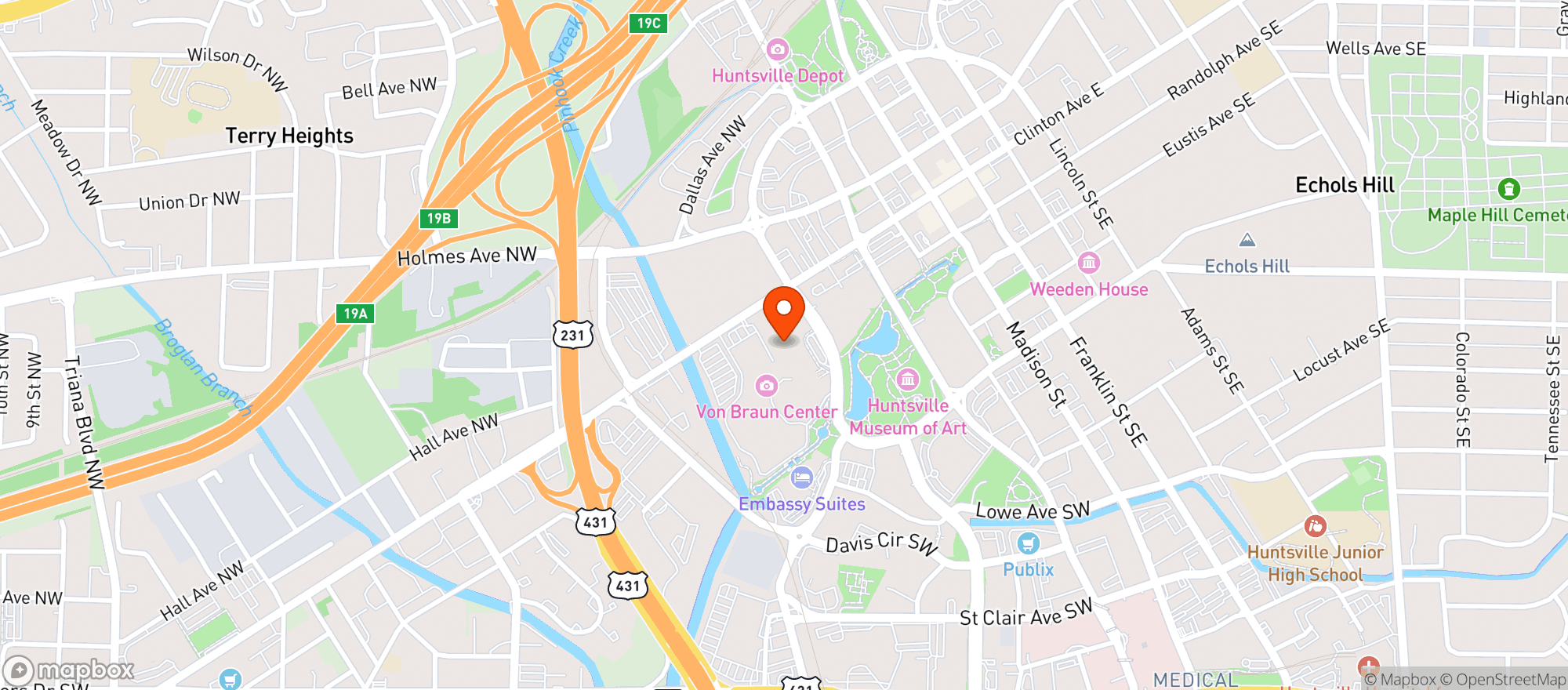 Map showing Von Braun Civic Center