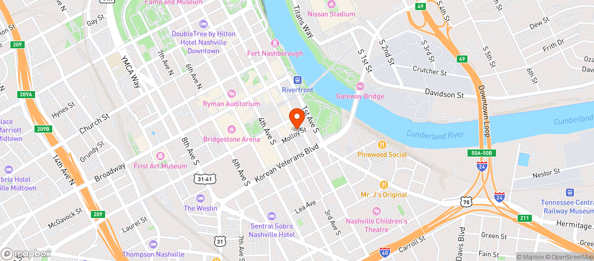 Map showing Hyatt Centric Downtown Nashville
