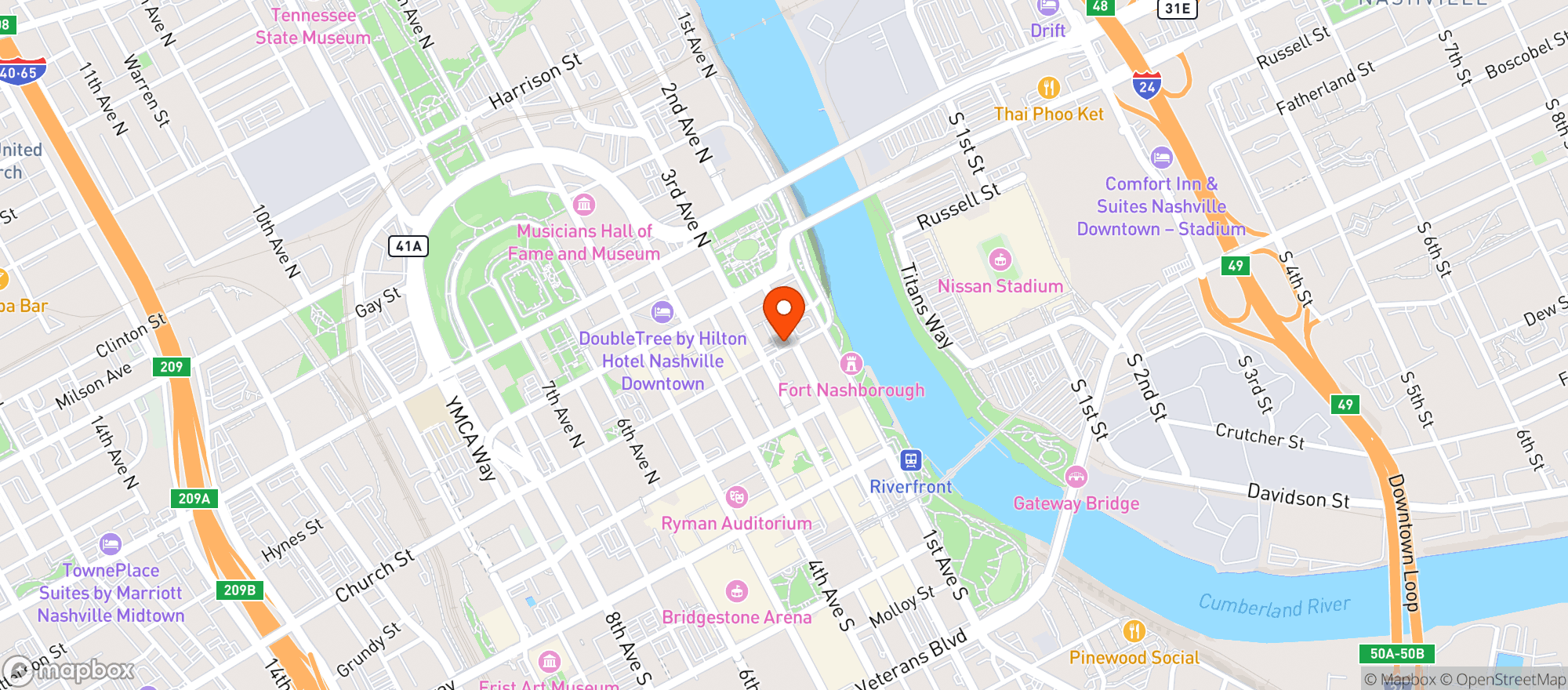 Map showing Music City Wine & Spirits Downtown Nashville. Beer, Liquor & Cigars