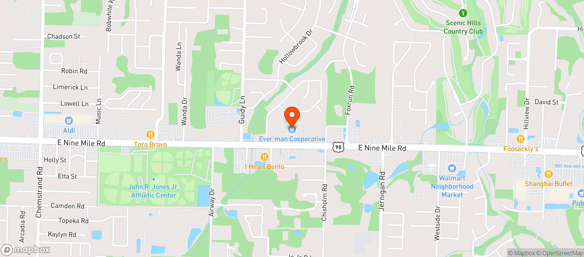 Map showing Ever'man Cooperative Grocery & Cafe - 9 Mile