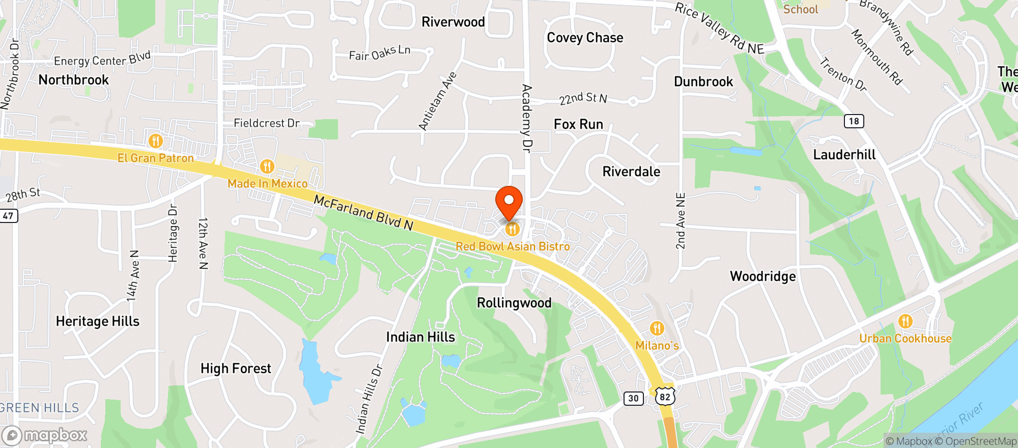 Map showing Red Bowl Asian Bistro