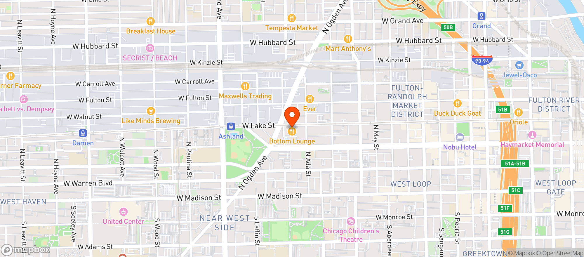 Map showing Bottom Lounge