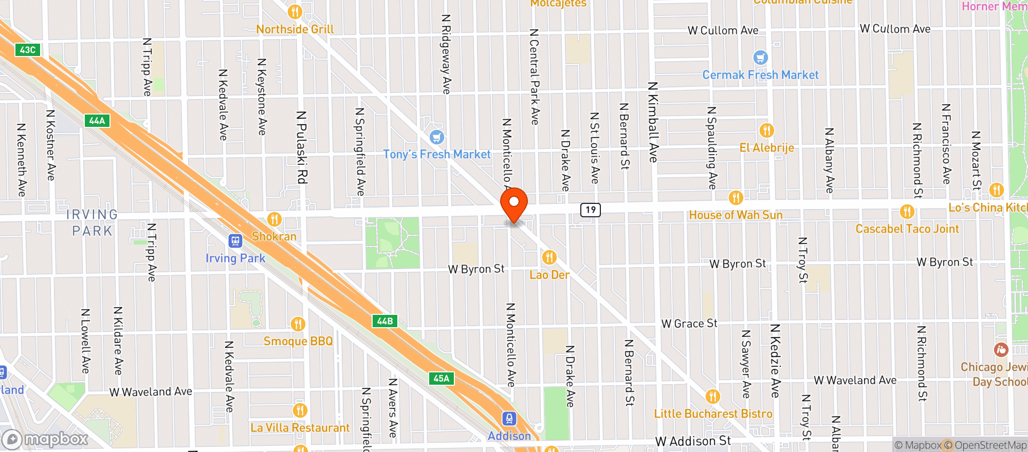 Map showing The Irving Park Convenience Store
