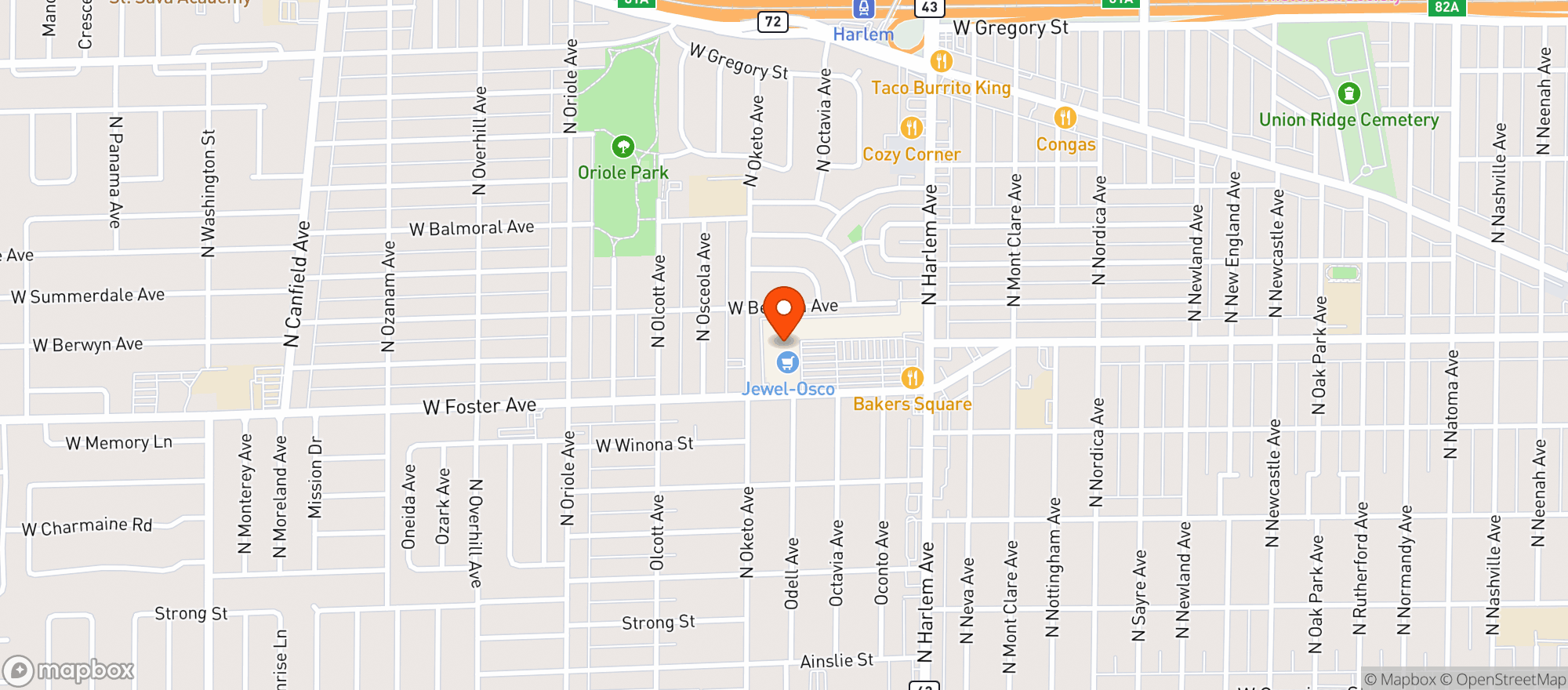 Map showing Jewel Osco #1296- W Foster