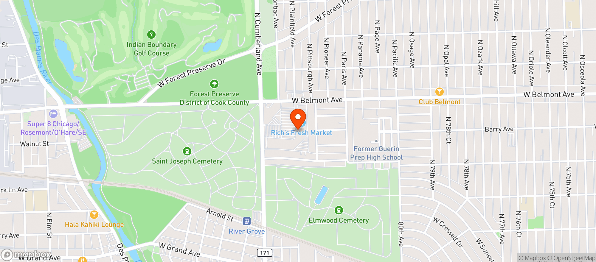 Map showing Binny S Bev Depot - River Grove