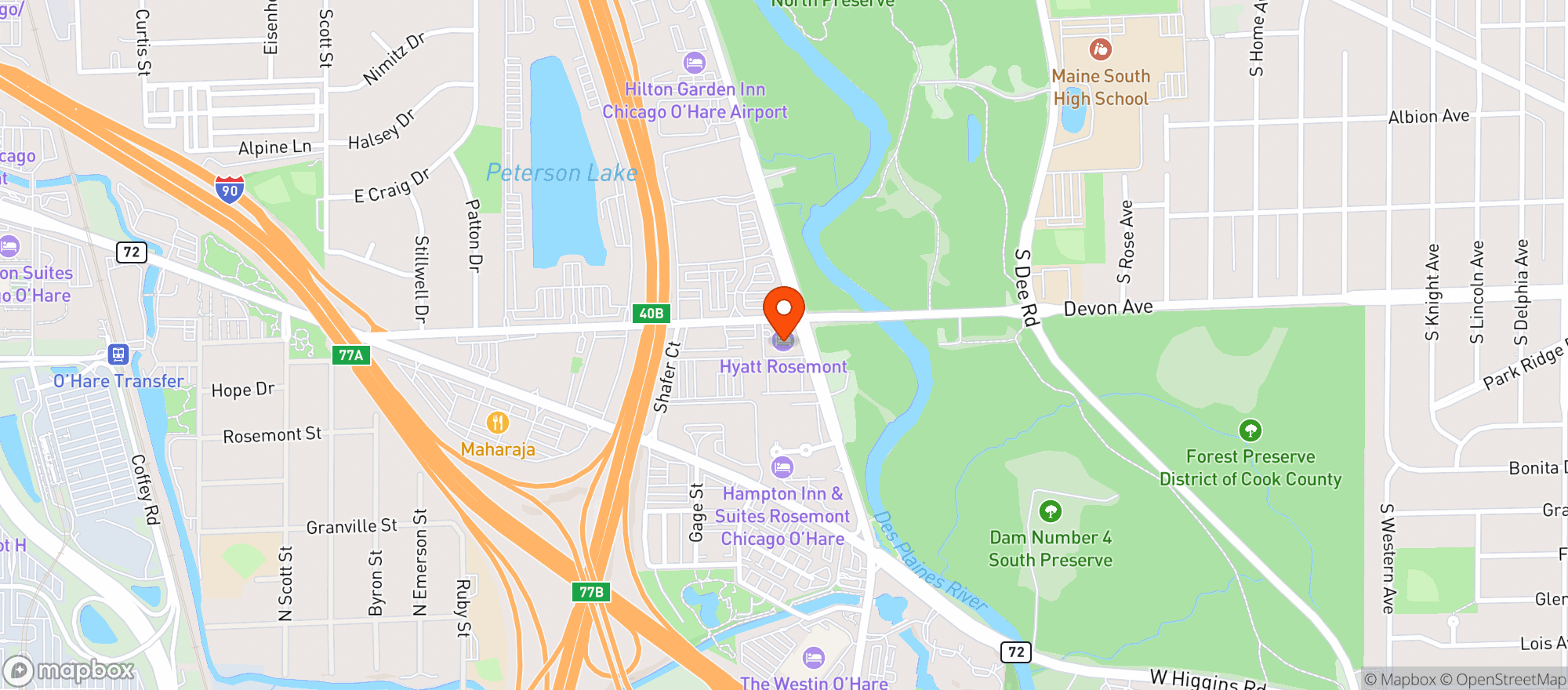 Map showing Hyatt Rosemont