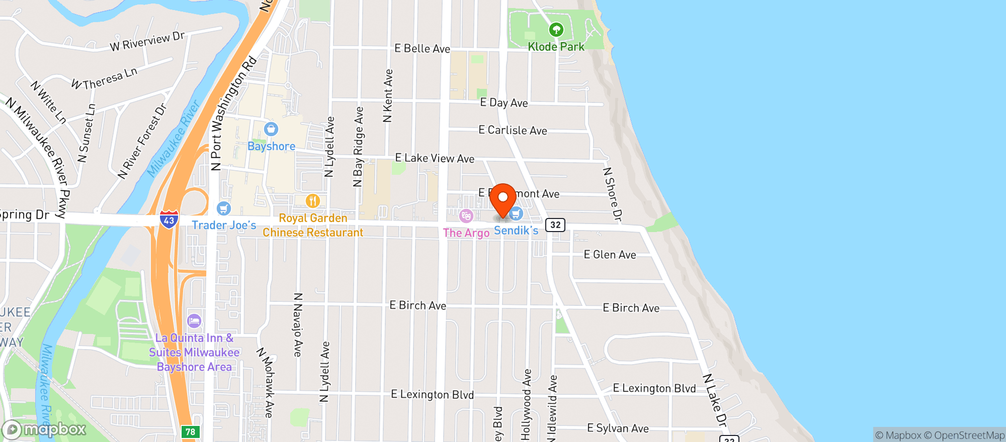 Map showing Sendik's Food Market - Whitefish Bay