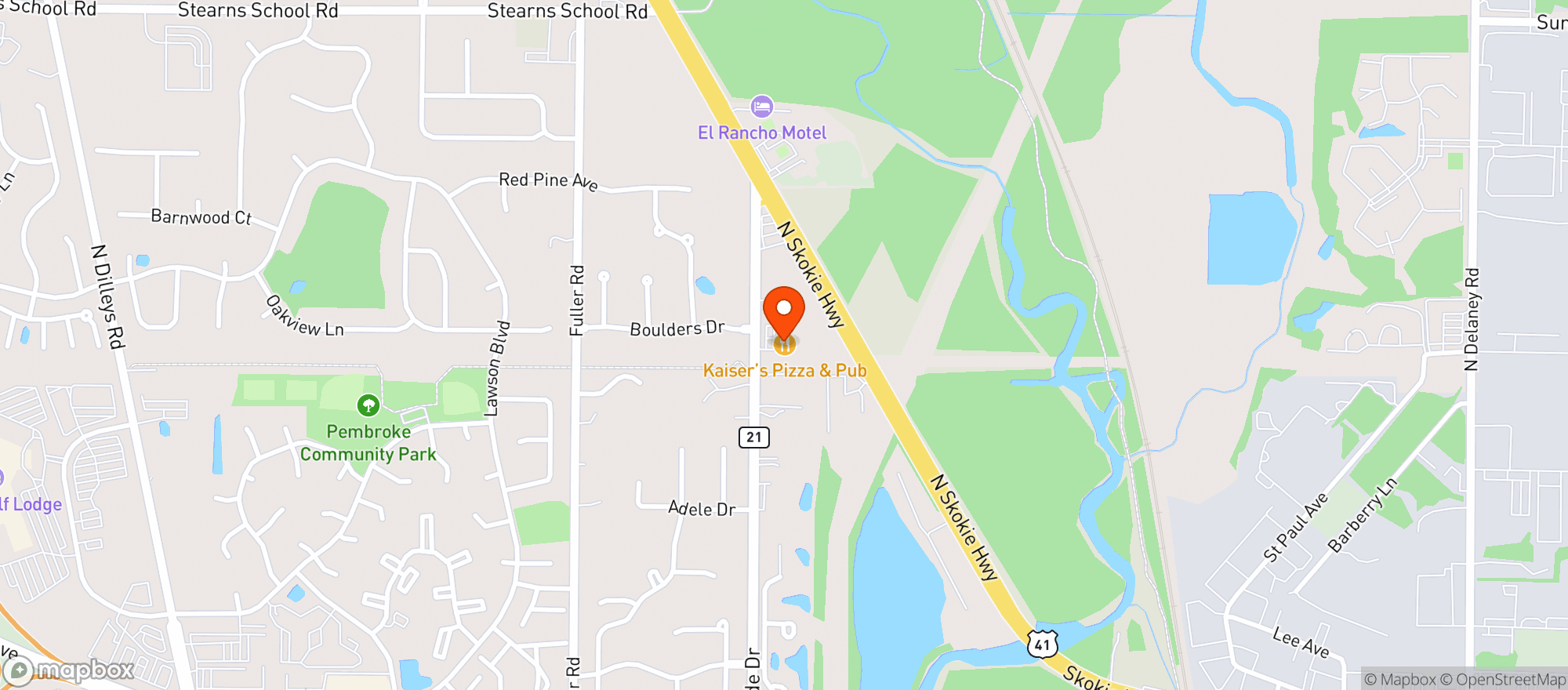 Map showing Kaisers Pizza Lounge