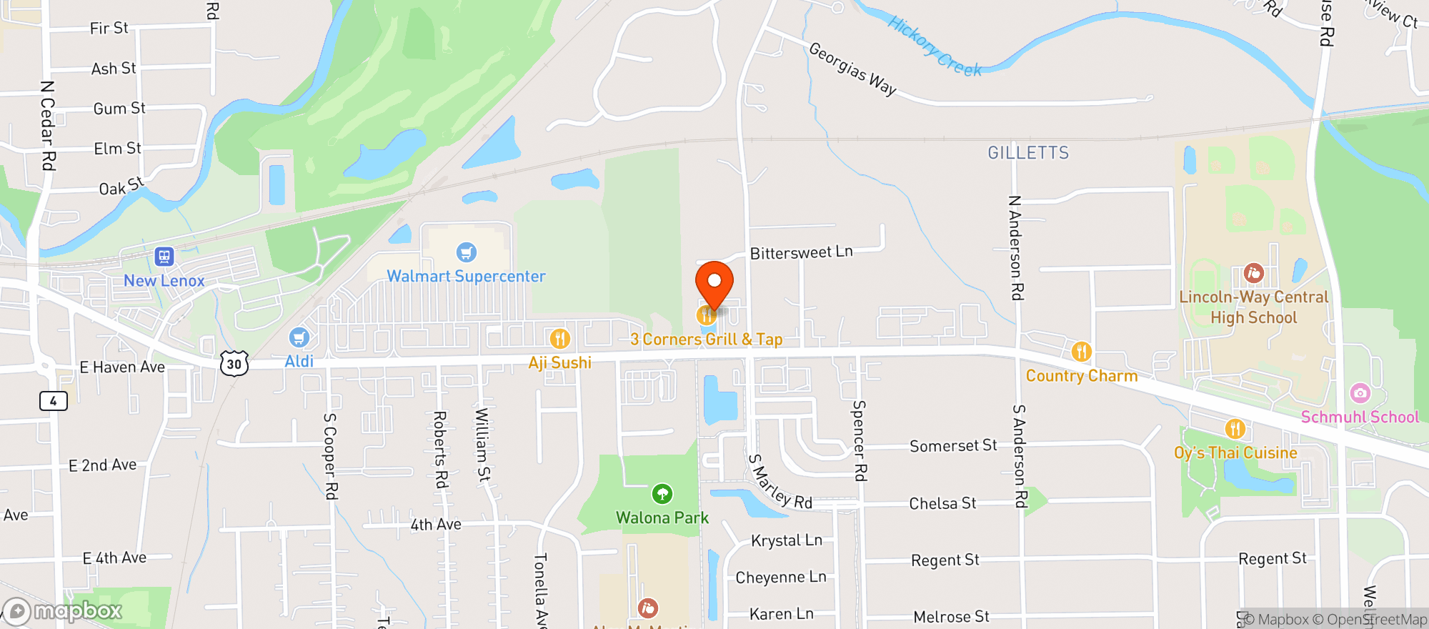 Map showing 3 Corner Grill & Tap