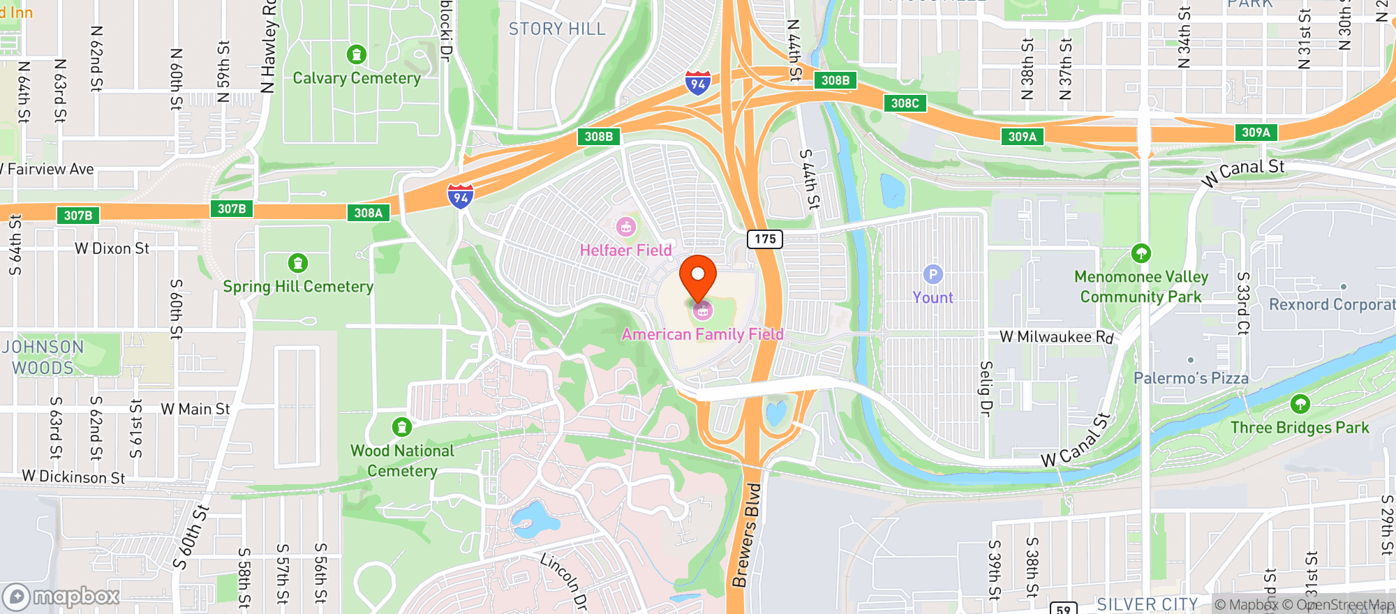 Map showing Miller Park (American Family Field)