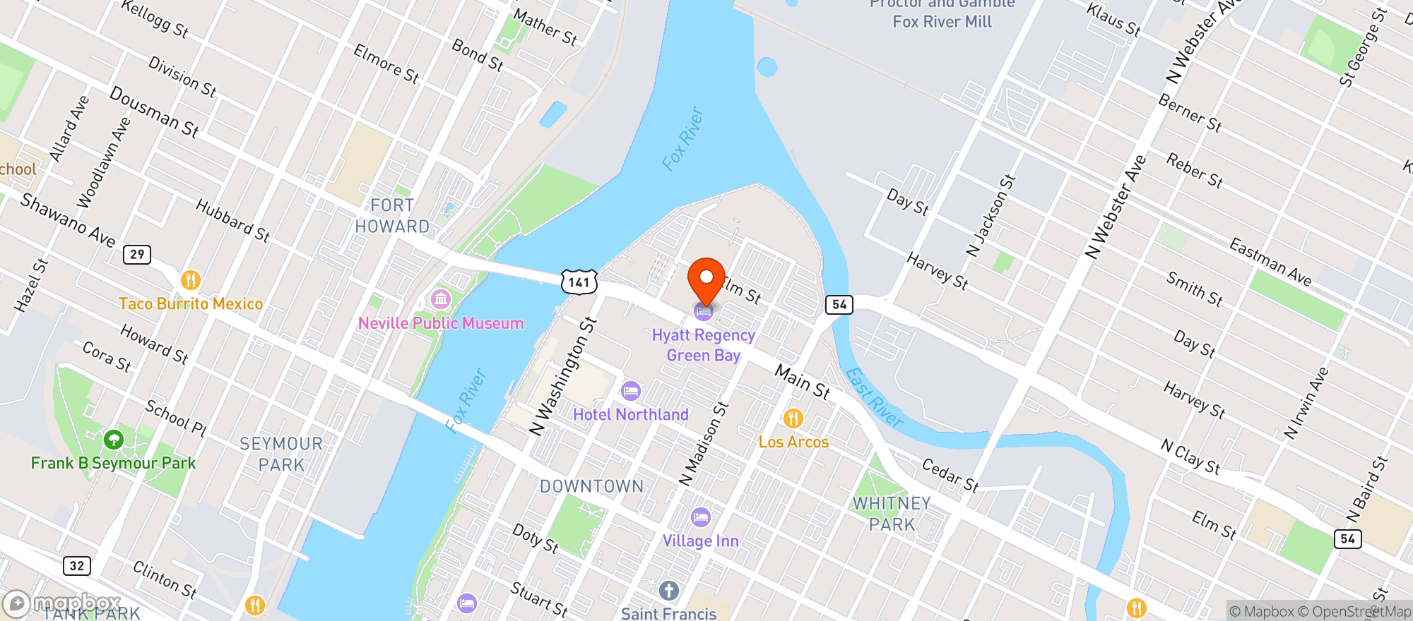Map showing Hyatt Regency Green Bay