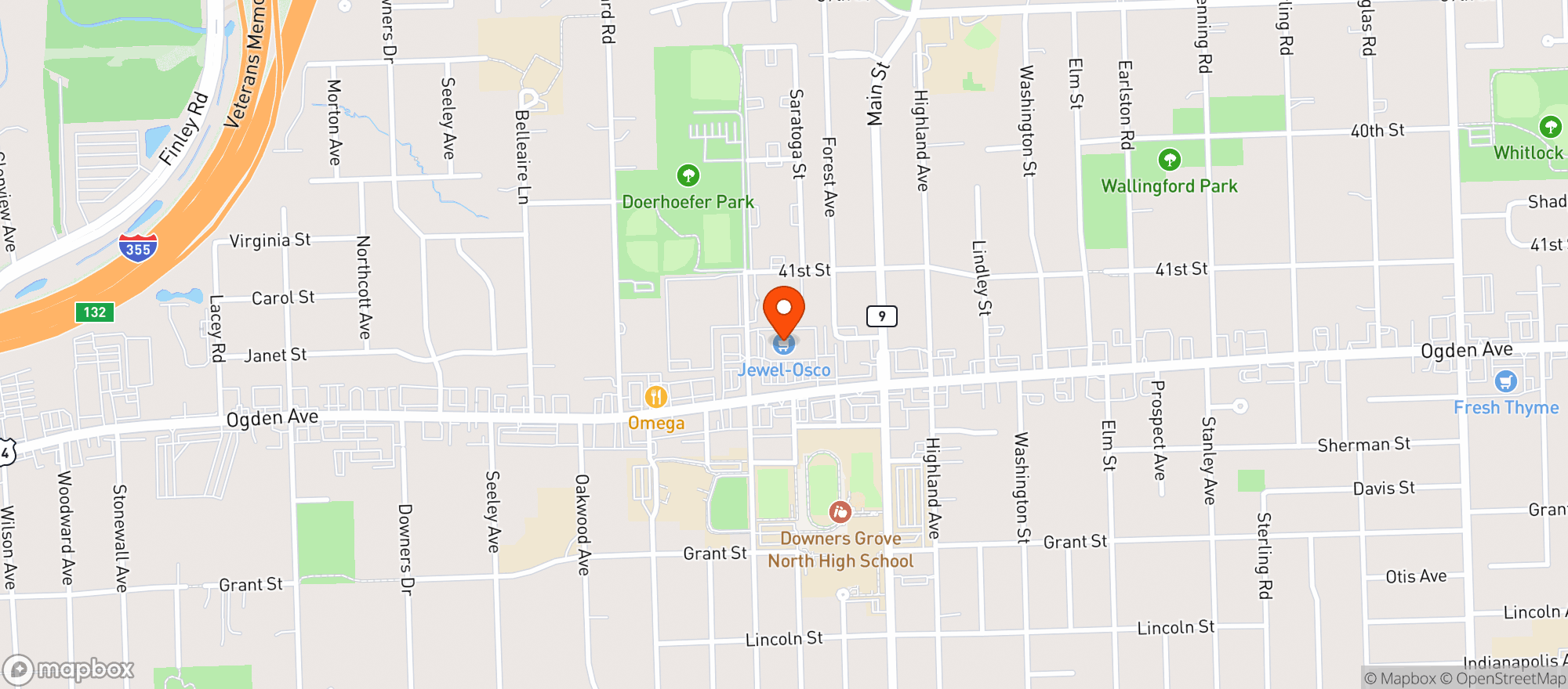 Map showing JEWEL FOOD - DWNRS GRV (OGDEN AVE)
