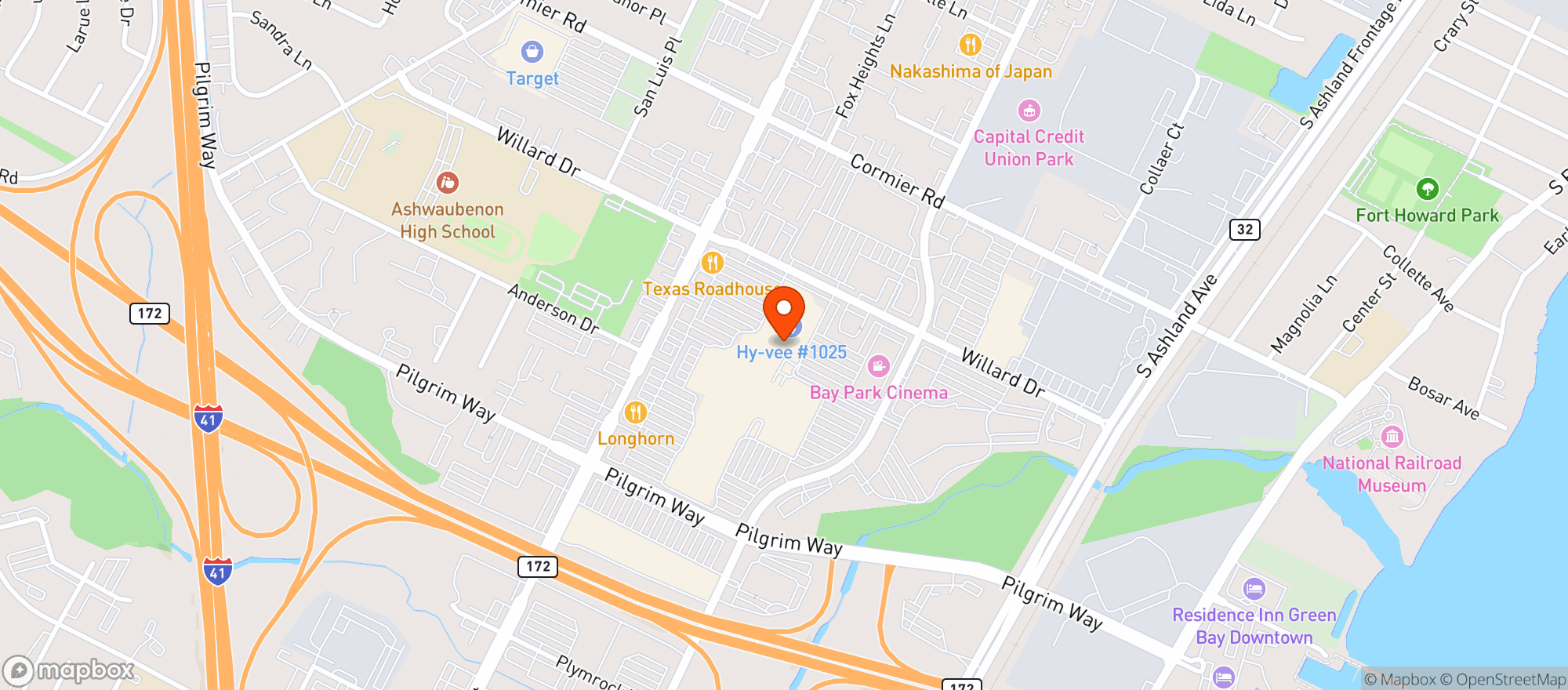 Map showing Hy-Vee Liquor-Ashwaubenon