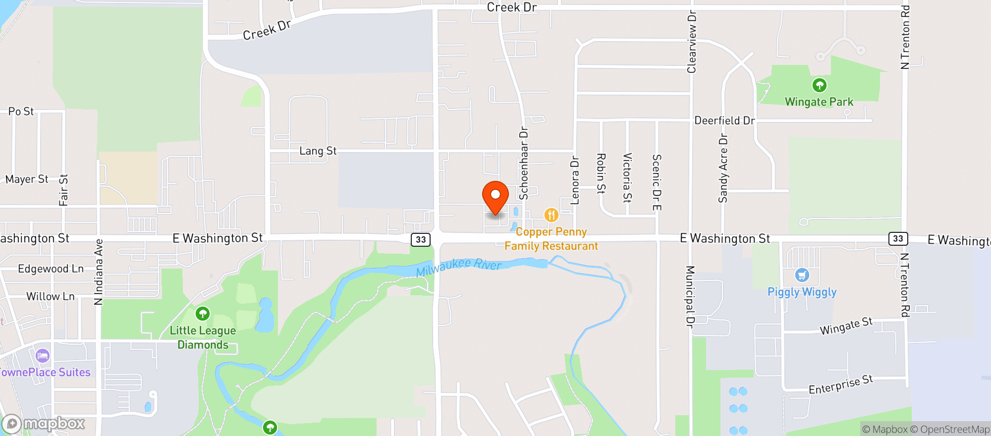 Map showing Kwik Trip #1062-e Wash-west Bend