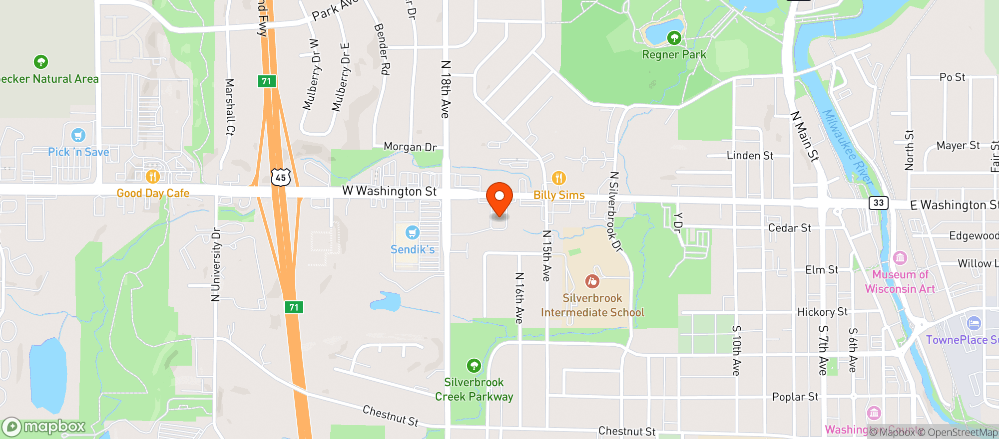 Map showing Kwik Trip #1082-W Wash-West Bend