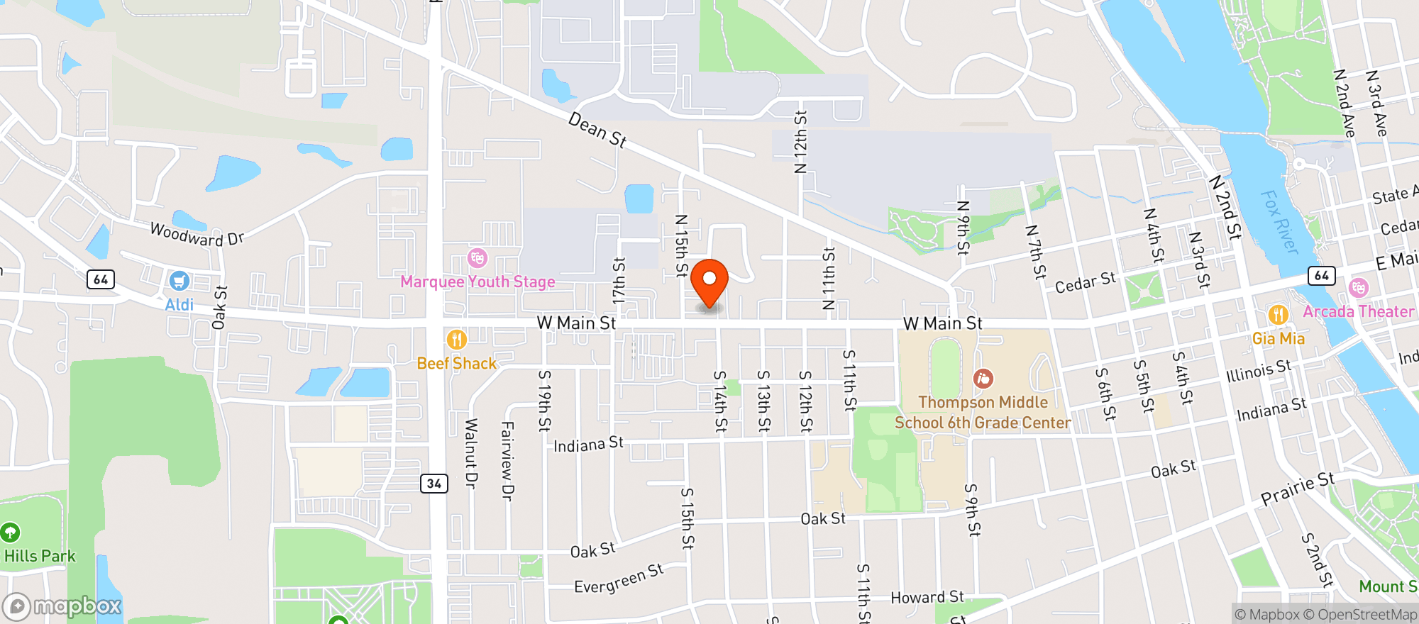 Map showing The Evergreen Pub & Grill