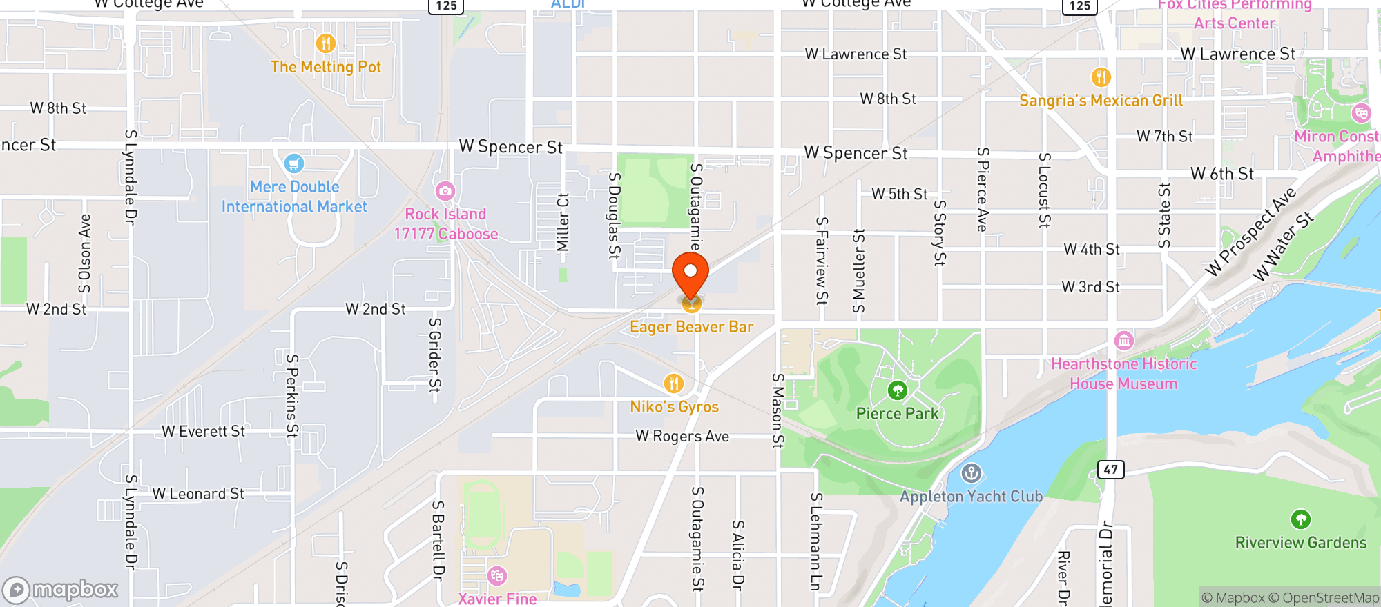 Map showing Eager Beaver Bar + Grill
