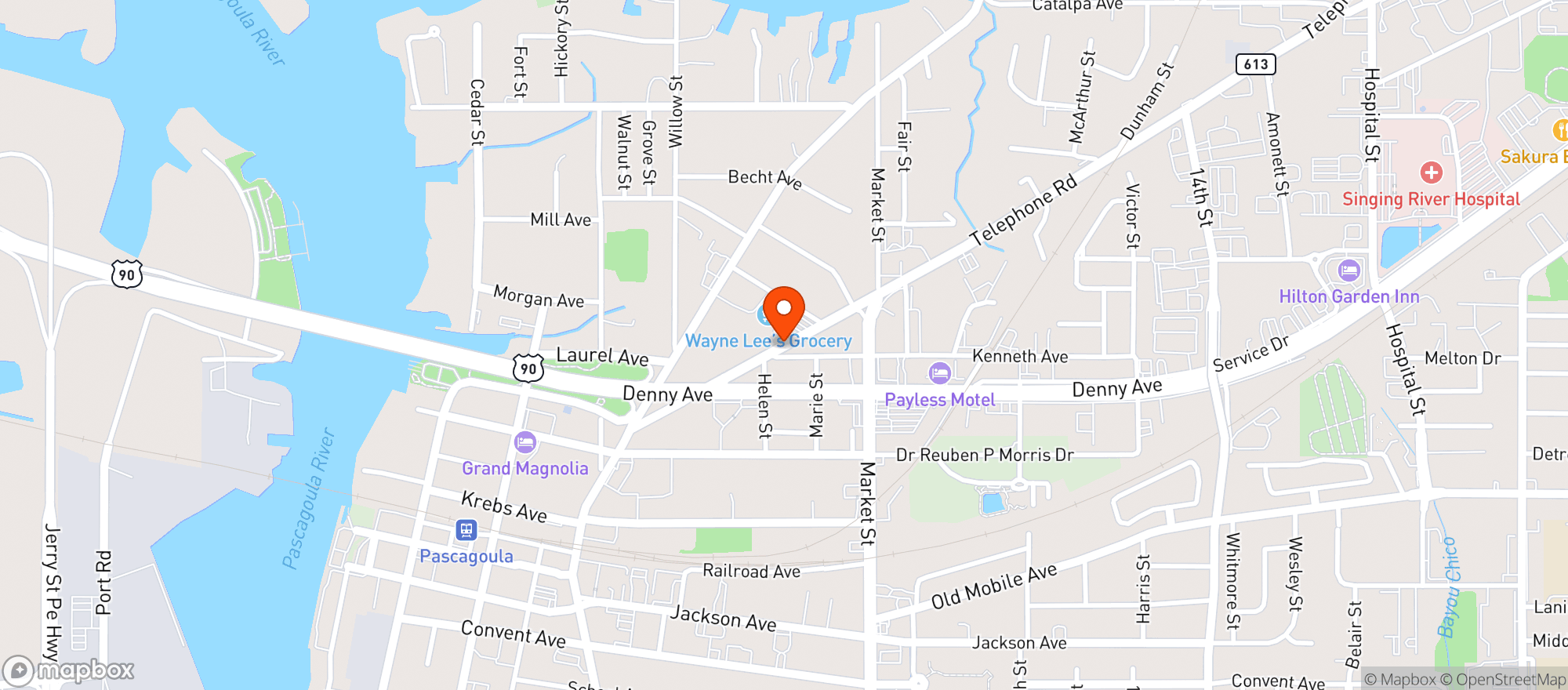 Map showing Wayne Lees Grocery & Market