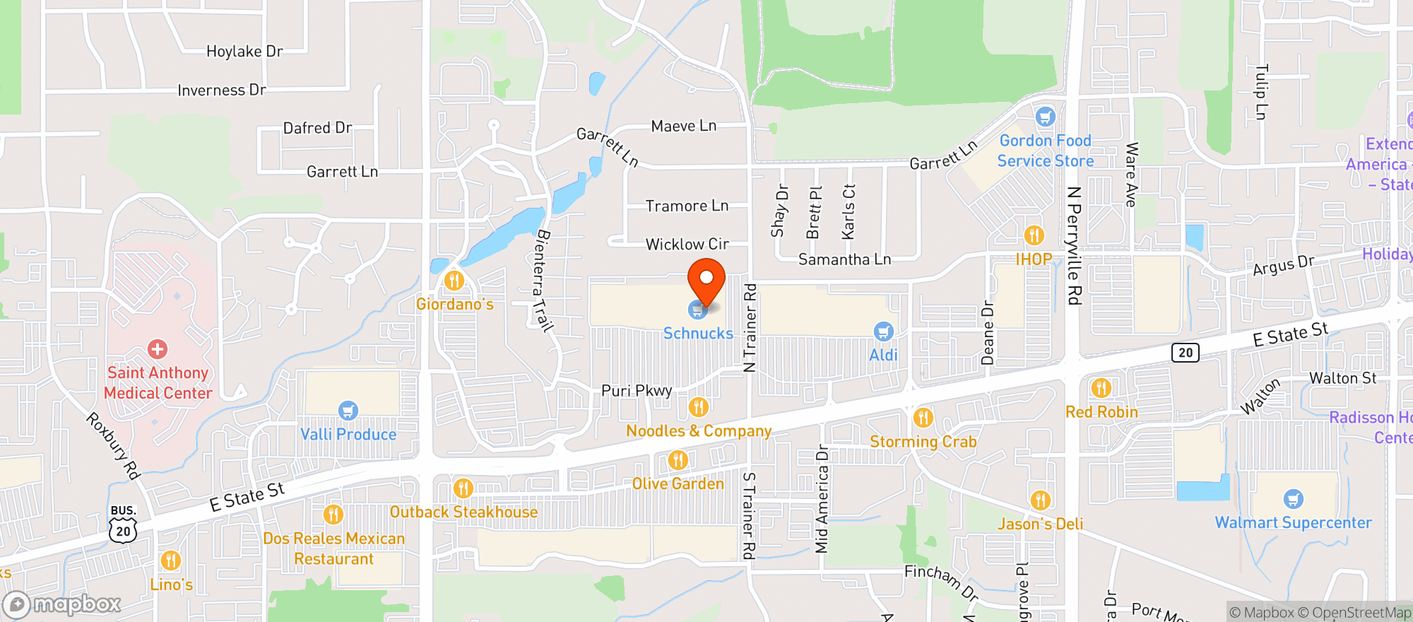 Map showing Schnucks #750 - E State Rockford