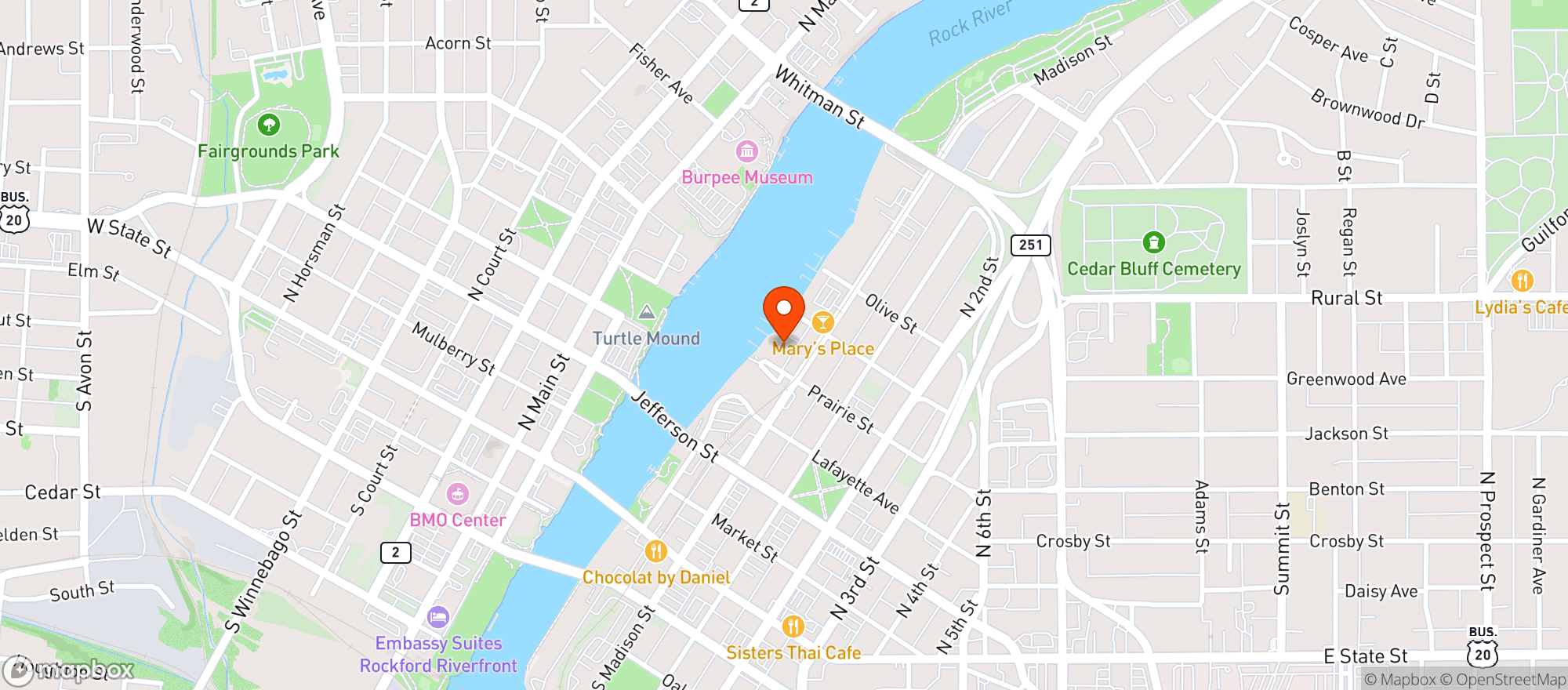 Map showing Rockford Brewing Company