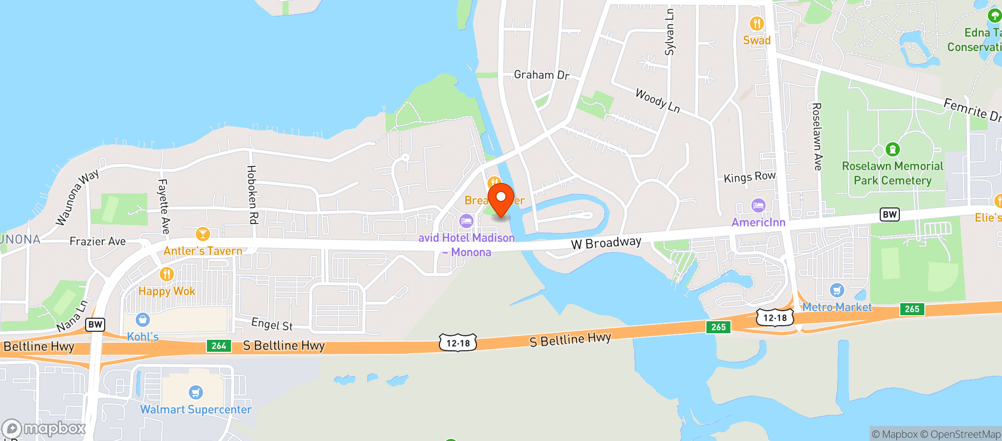 Map showing Buck & Honeys Restaurant