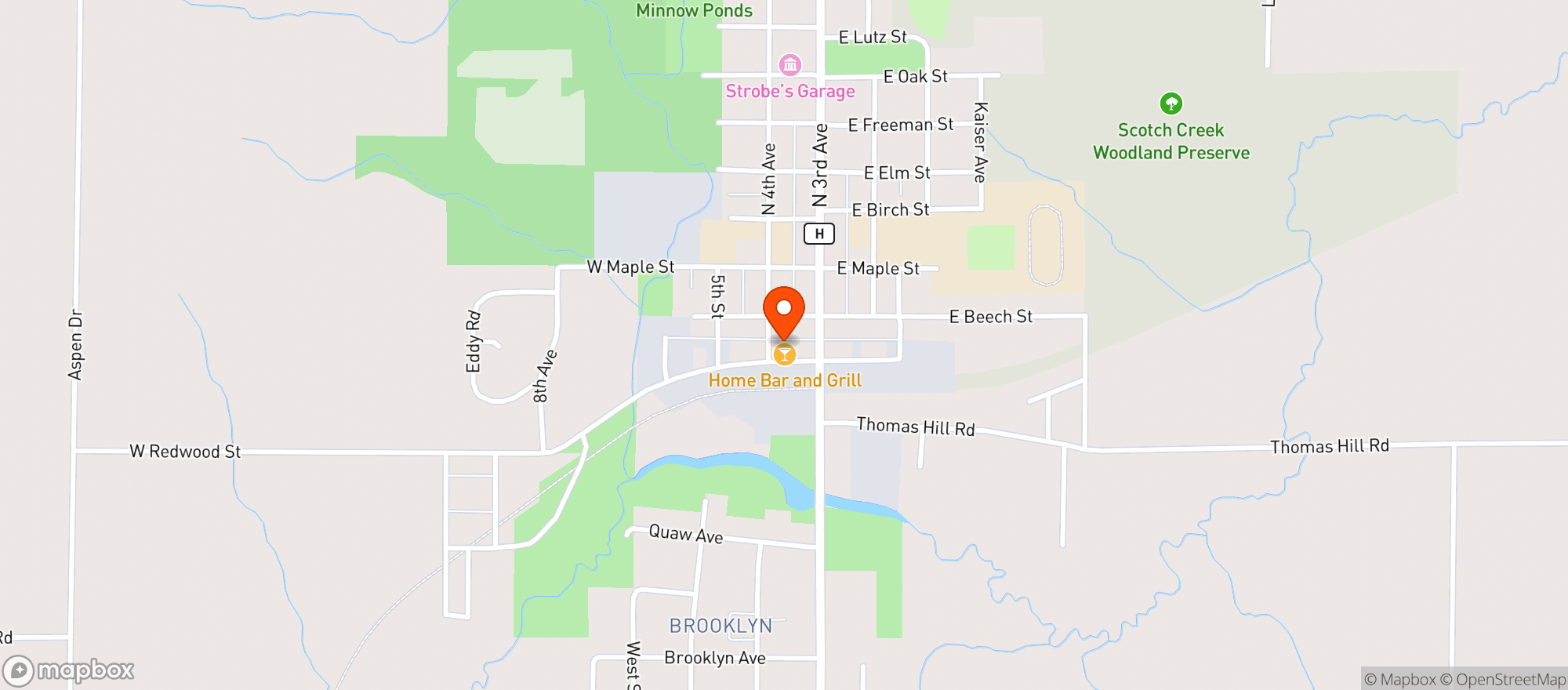 Map showing Home Bar + Grill