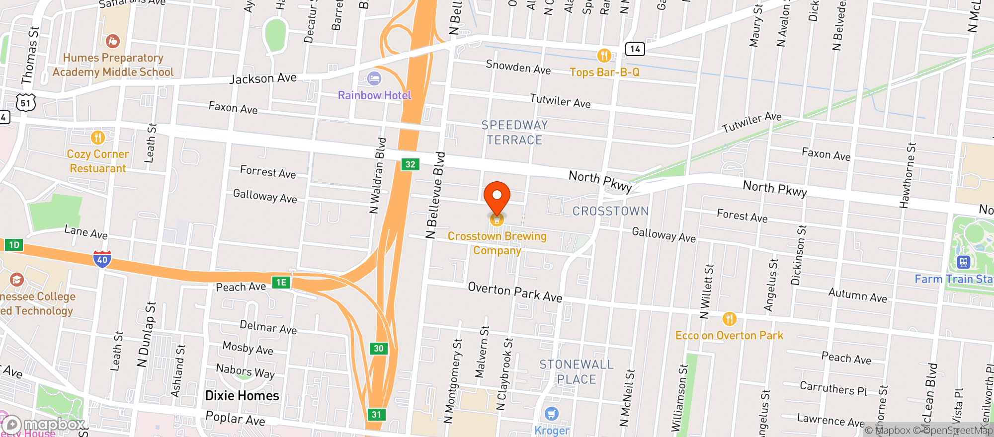 Map showing Crosstown Brewing Company