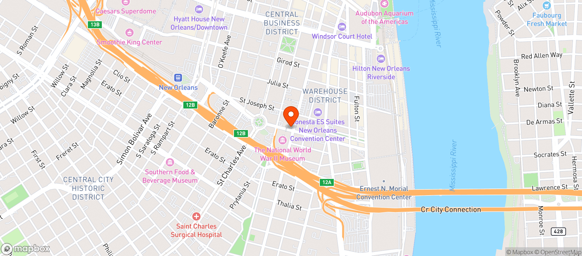 Map showing Sodexo Live! National Wwii Museum