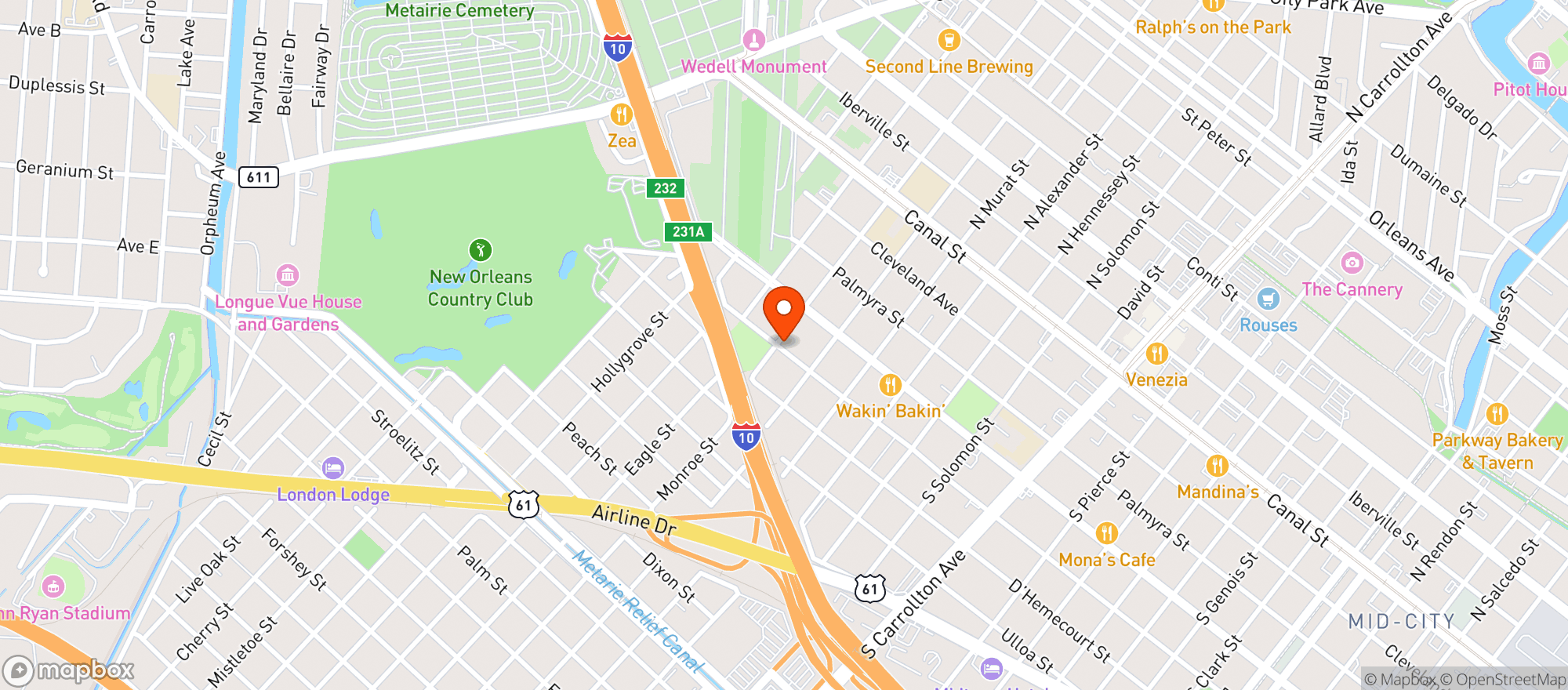 Map showing Mid City Yacht Club