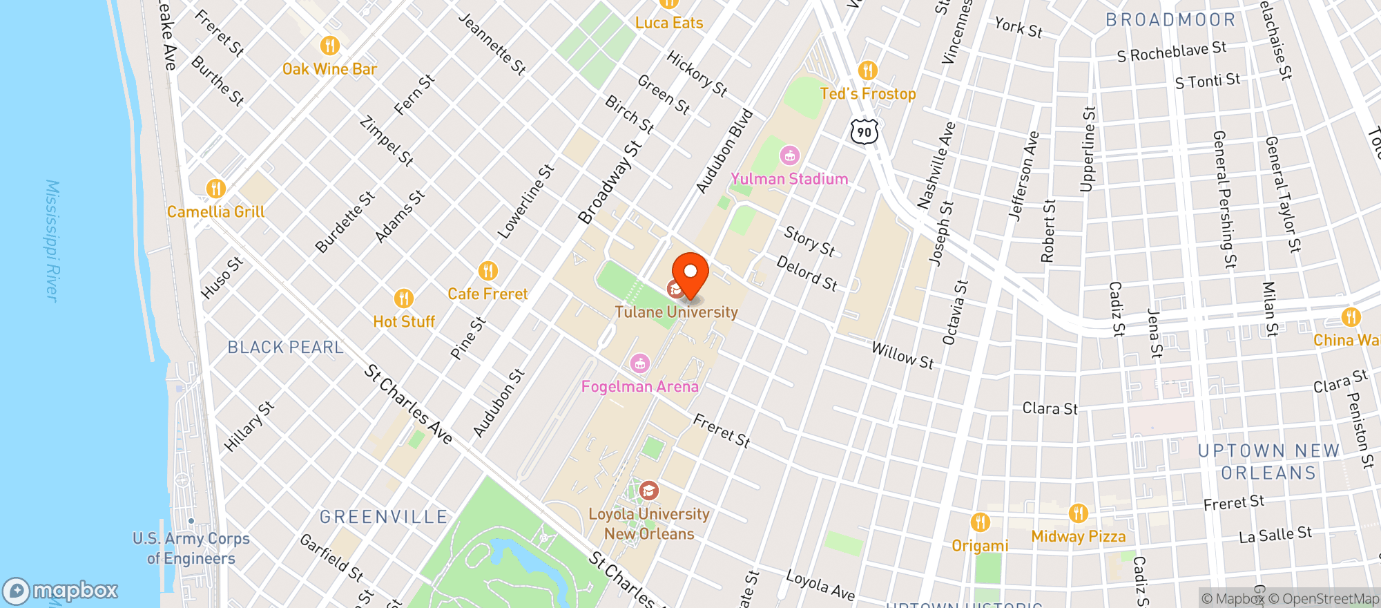 Map showing Tulane Catering