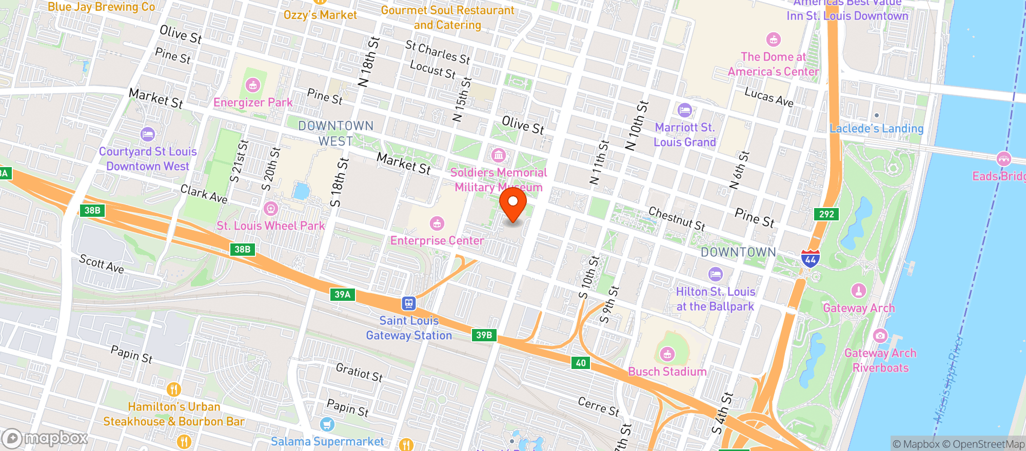 Map showing Pierre Laclède Statue