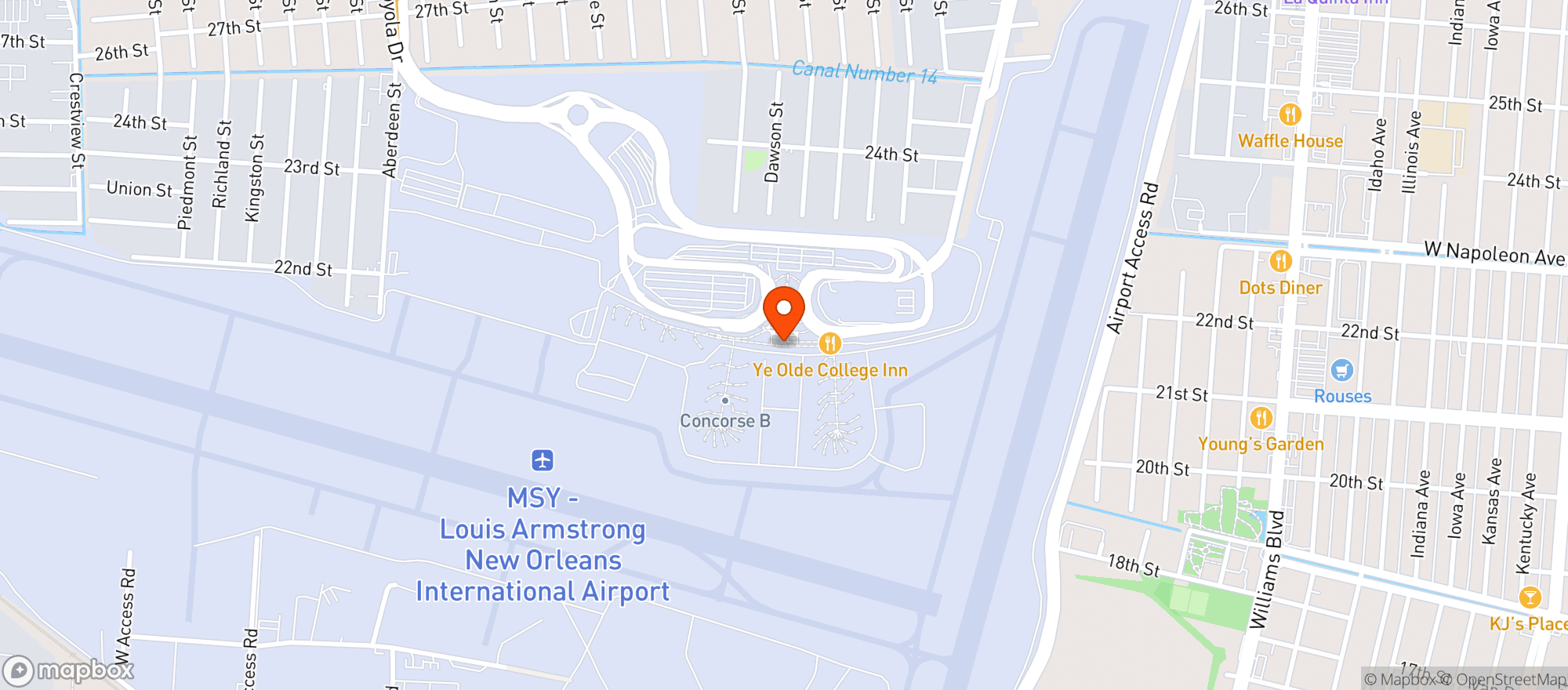 Map showing Louis Armstrong New Orleans International Airport (MSY)