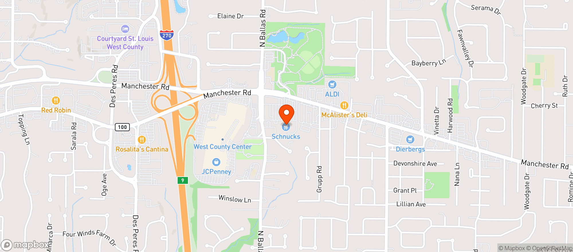 Map showing Schnucks (Des Peres)