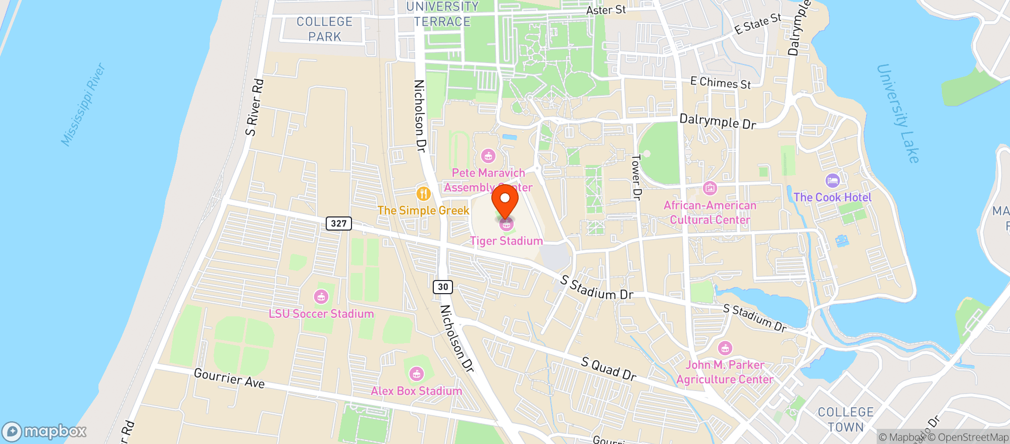 Map showing Tiger Stadium