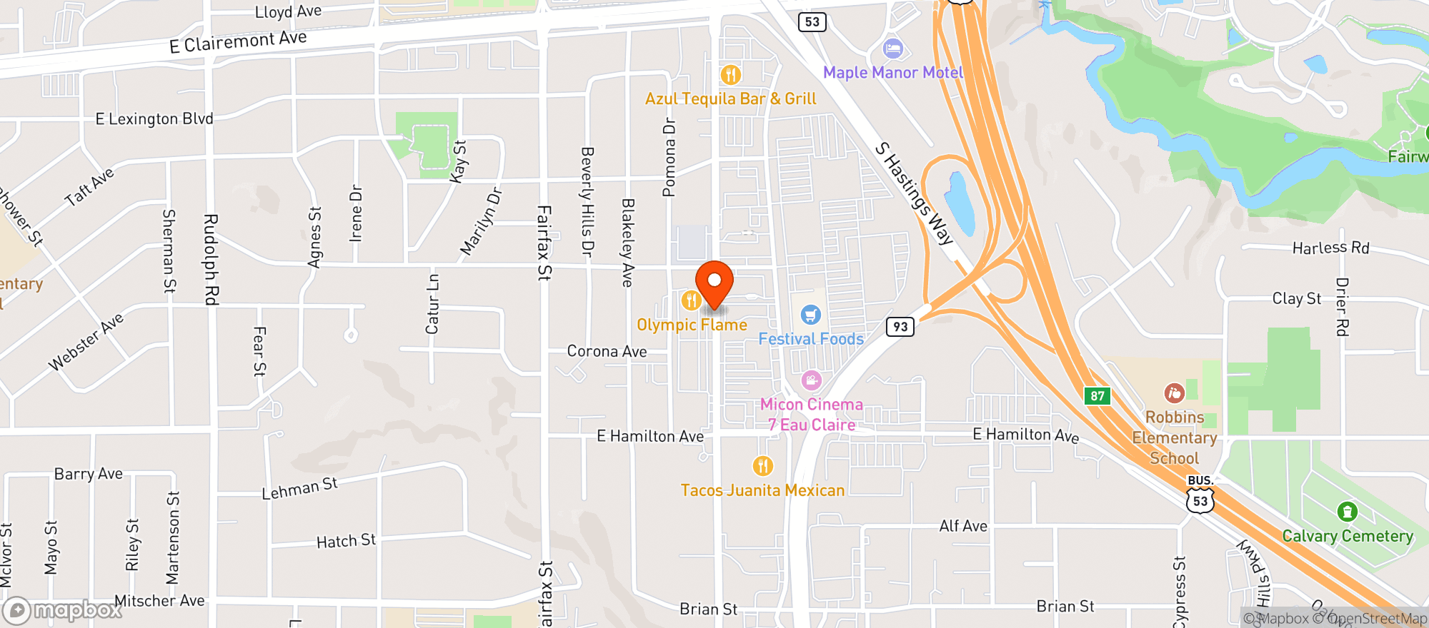Map showing Eau Claire Billiards Bar & Grill