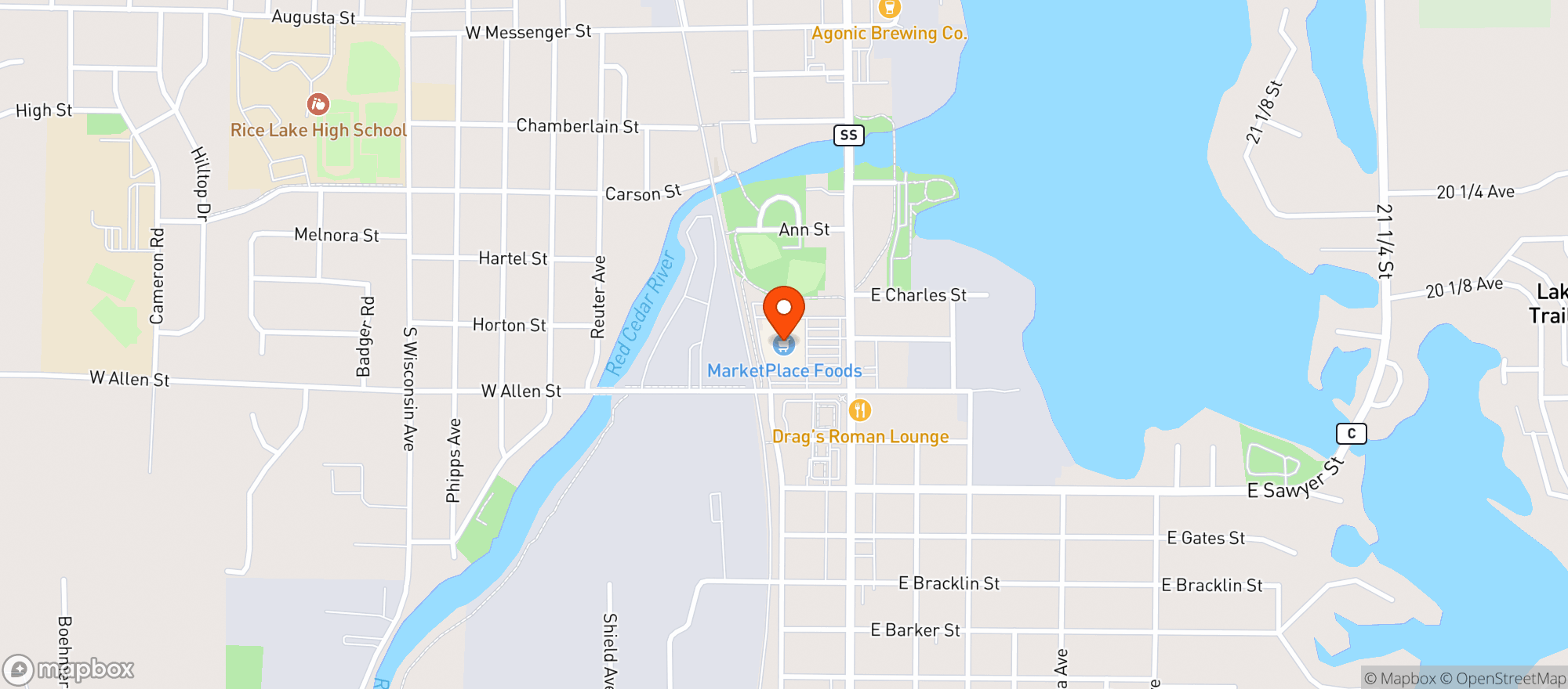 Map showing MarketPlace Foods Grocery Store Rice Lake