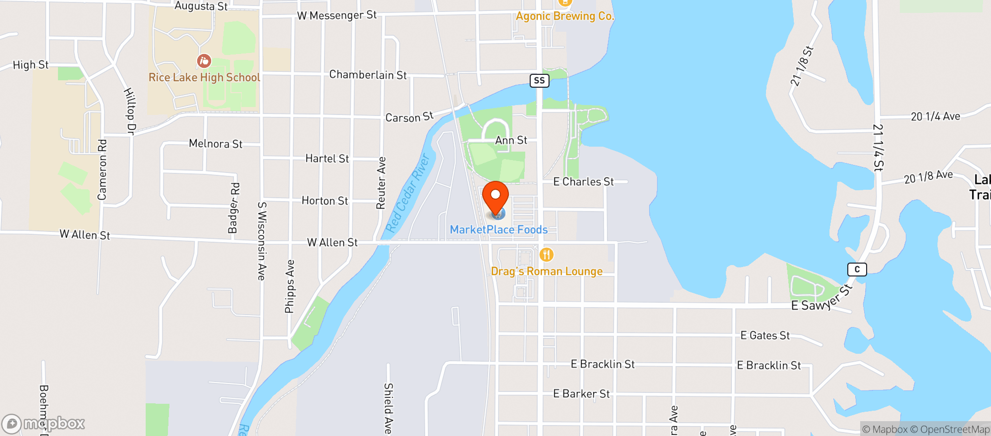 Map showing Marketplace Liquor Store Rice Lake