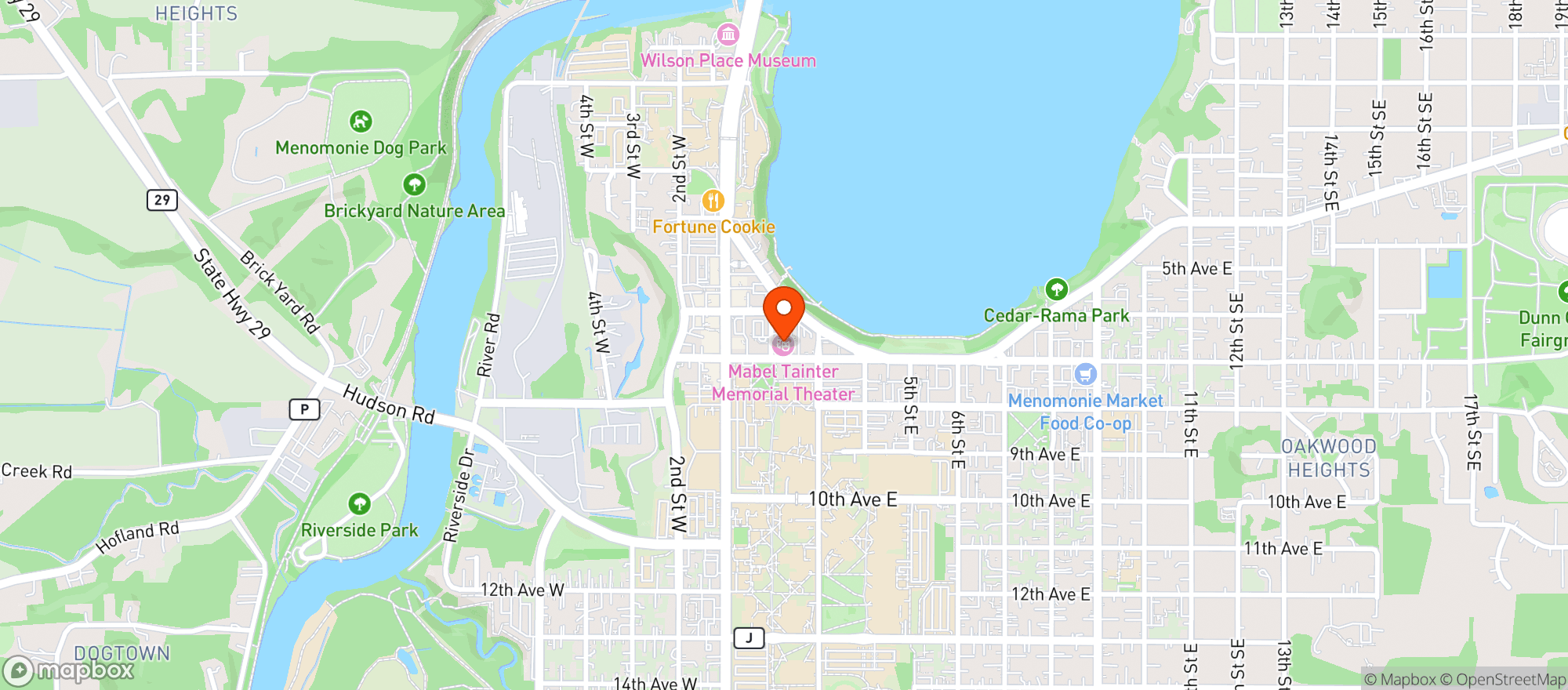 Map showing Mabel Tainter Center
