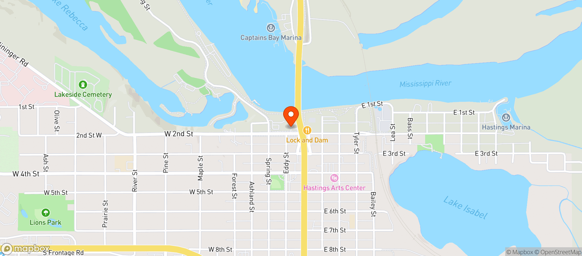 Map showing The Confluence Hotel and Missis Sip & Savor