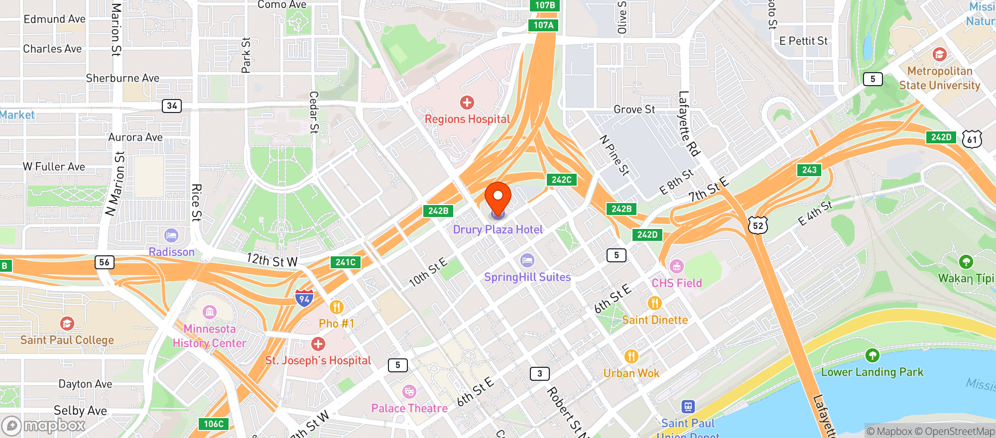 Map showing Drury Plaza Hotel