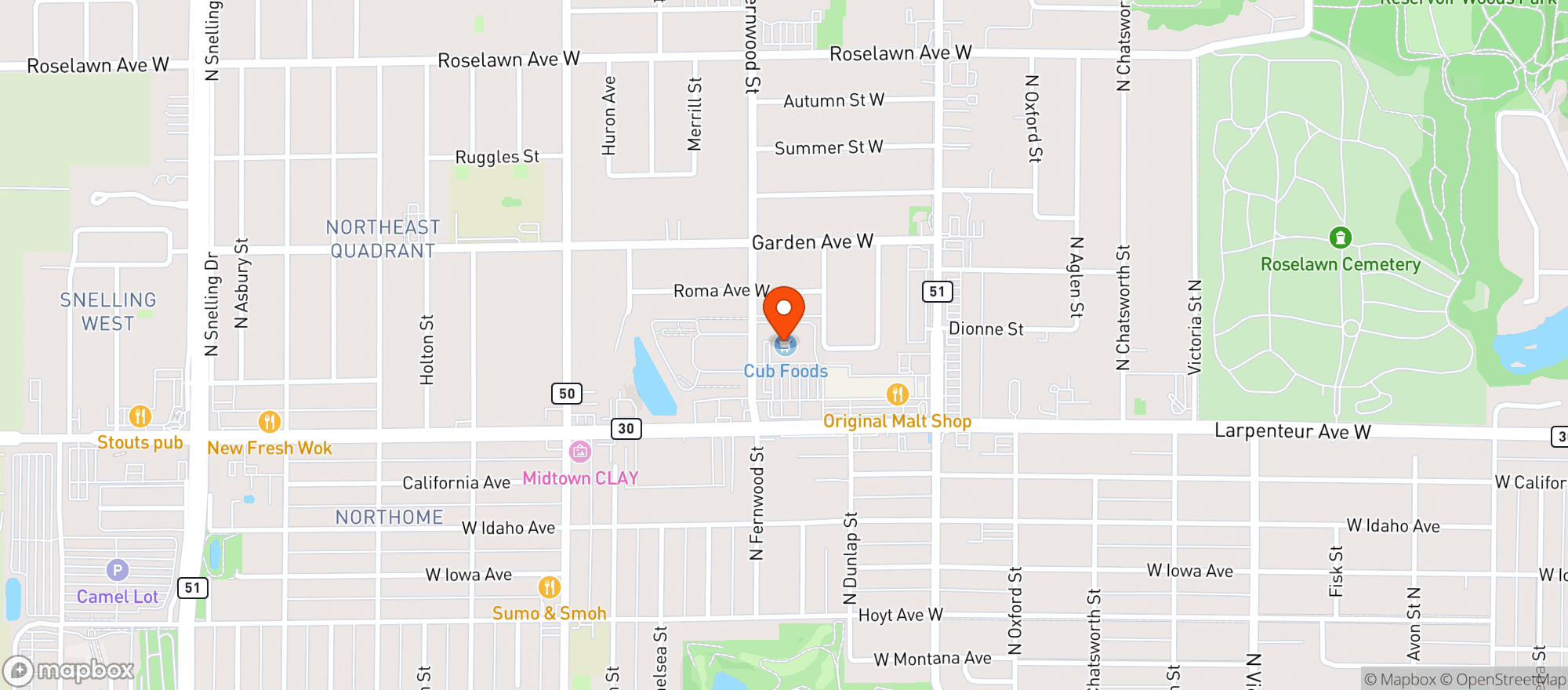 Map showing Cub Liquor - Roseville