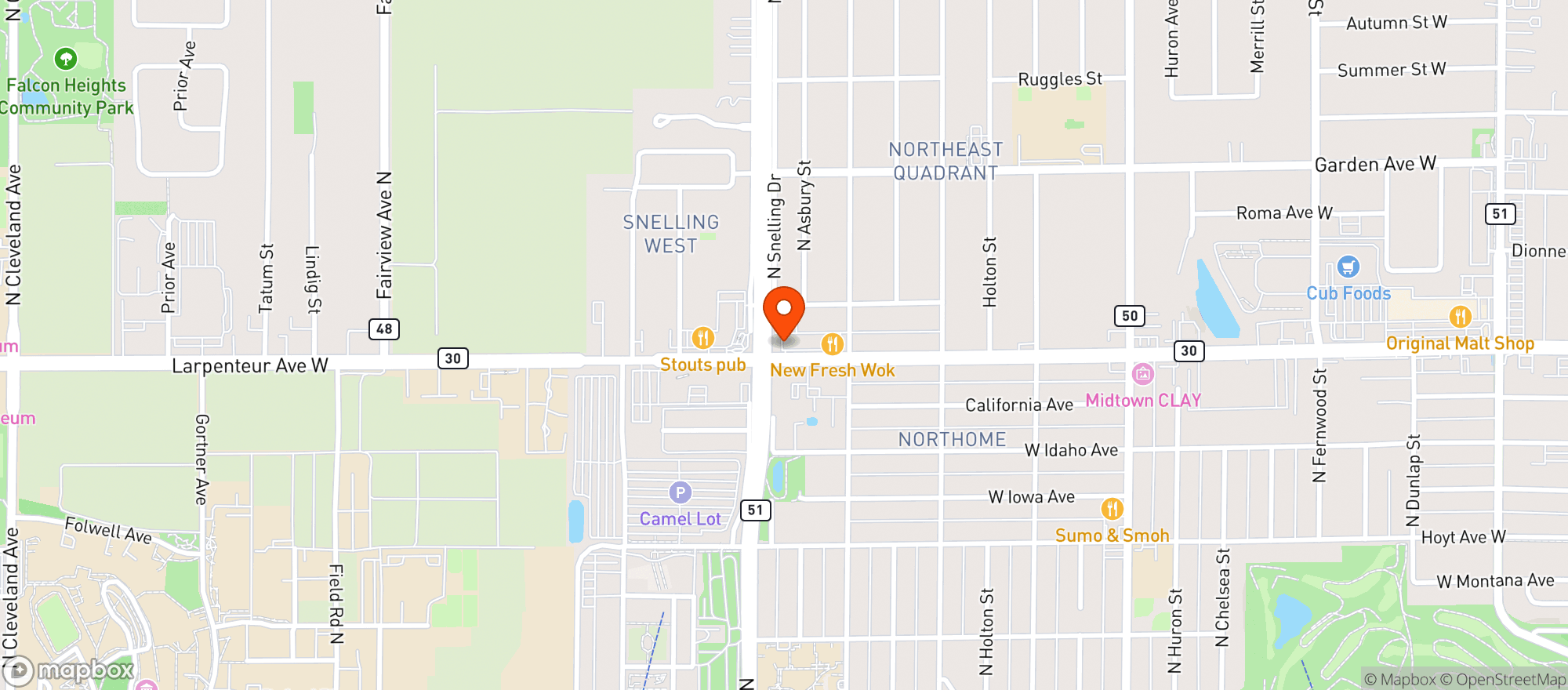 Map showing Merwin Liquors Falcon Heights